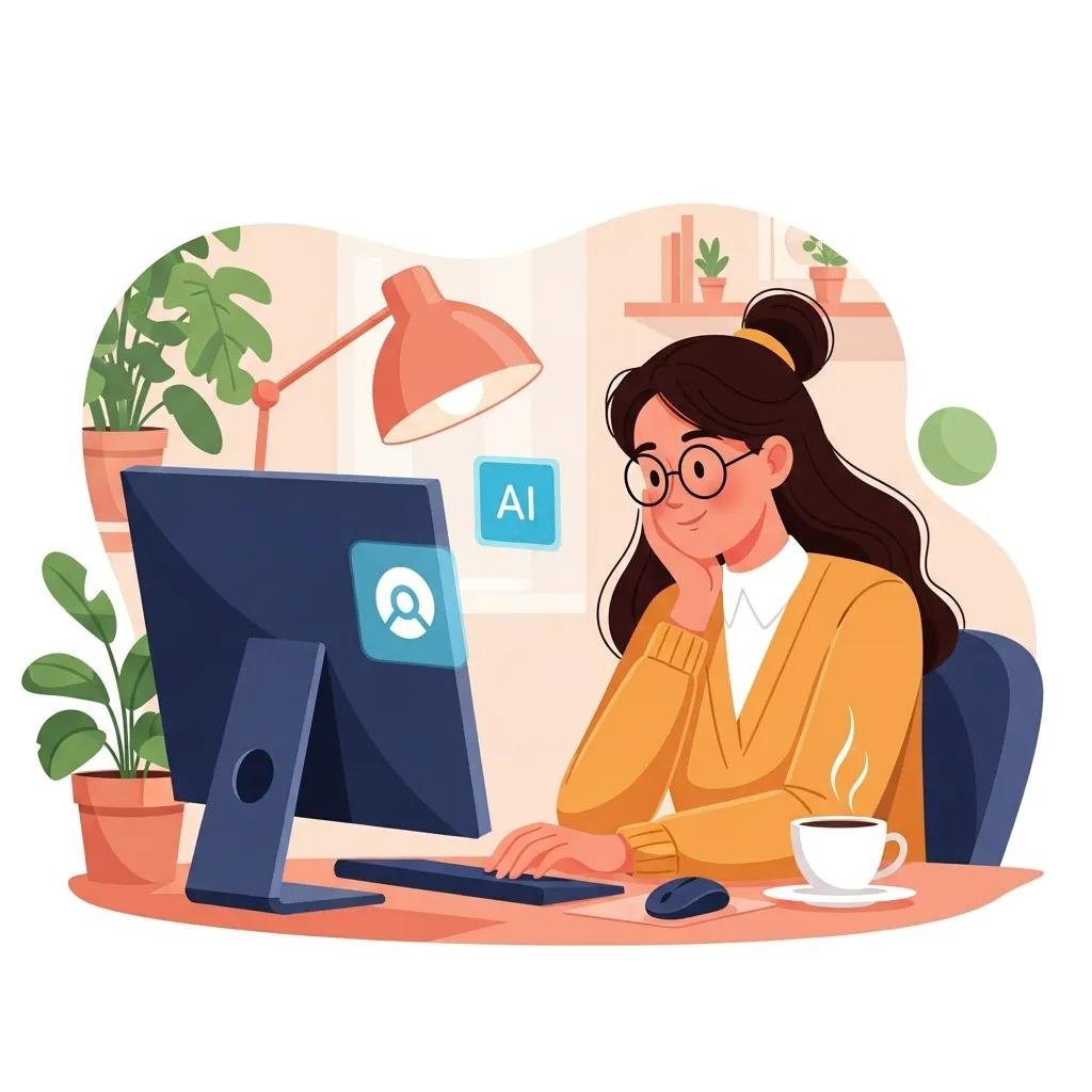 Small business owner using AI automation technology in a cozy office setting